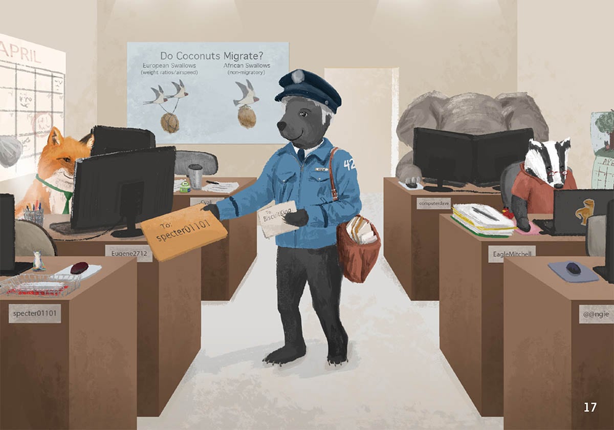 An illustration of a mail carrier delivering mail