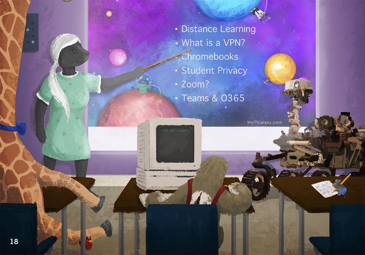 A teacher pointing at a list of items on a board. The bullet points read: Distance Learning, What is a VPN?, Chromebooks, Student Privacy, Zoom, and Teams & O365